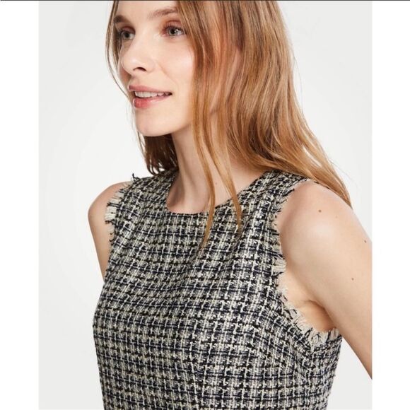 Ann Taylor Fringe Tweed Shell Sleeveless Black/White Top Sz 0 - Picture 2 of 13